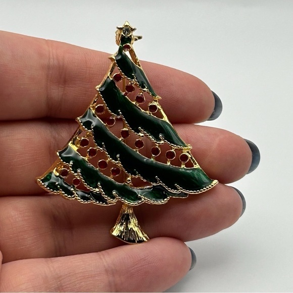 Jewelry - Small Christmas Enamel Tree Brooch Christmas Holidays Green with Red Lights